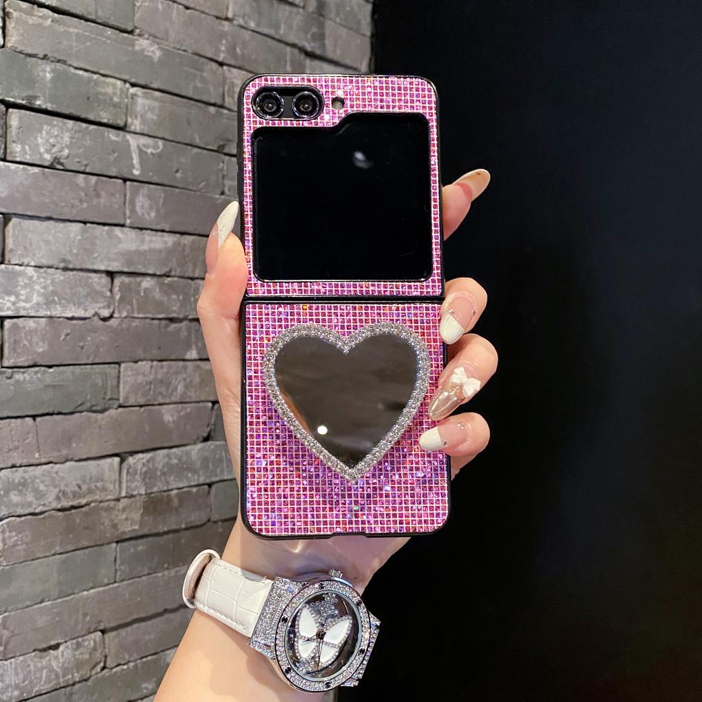 Cute Pink Flower Bracket Lovely Grid Phone Case For Samsung Galaxy Z Flip 8 6 5 4 3 Flip7 FE Love Heart Mirror Holder Cover