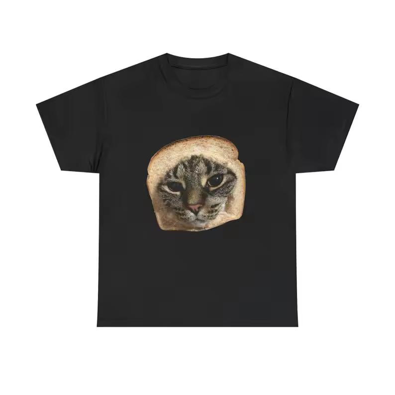 Cat in Bread T-Shirt Cute Meme Cat Bread Face Tee Cat Meme Printed T-shirt Humorous T-shirts Couple's Shirts Streetwear Y2K Top