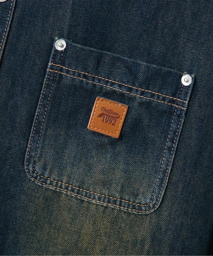 TRILLION Leather Patch Oversized Work Denim Long Sleeve Shirt_Vintage Blue