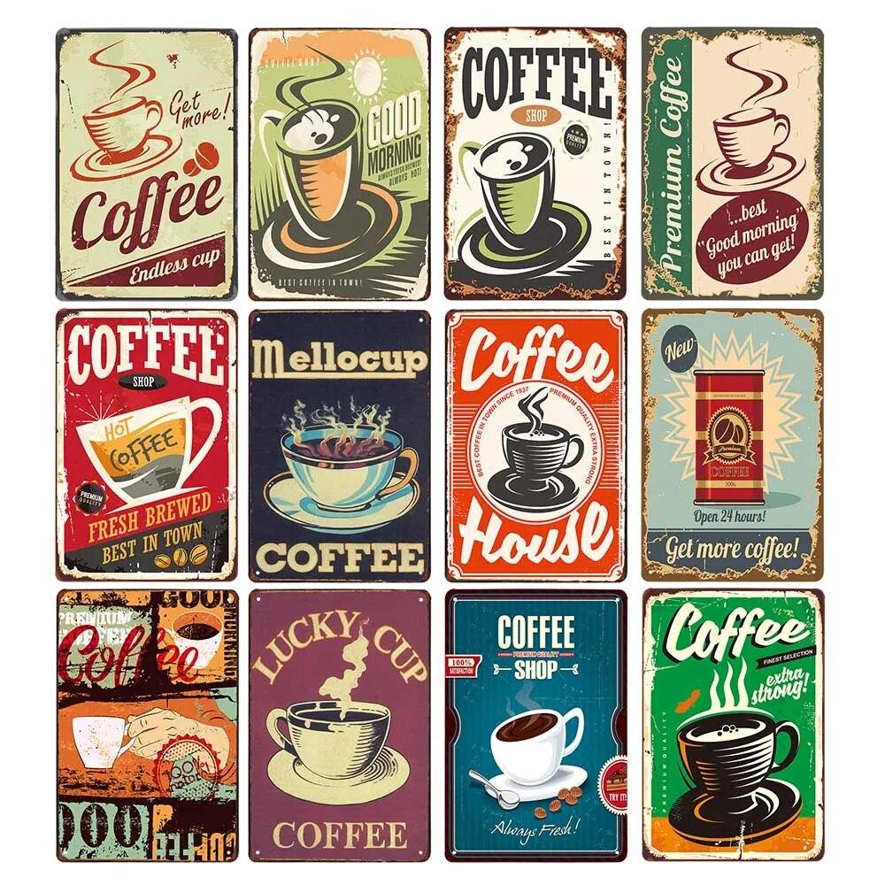 Coffee Vintage Signs Tin Metal Art Iron Painting Decoration Cafe Pub Club Bar Retro Poster Wall Stickers Home Decor 20x30cm
