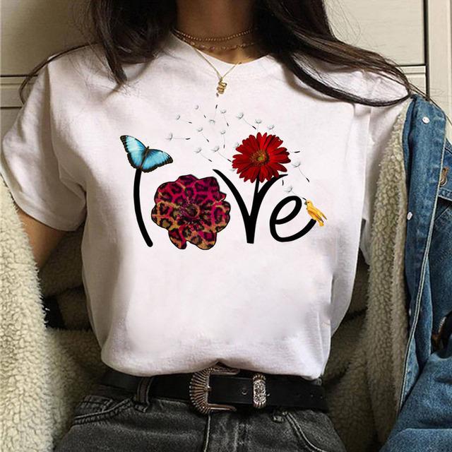 Кавайная Мода Цветок Письмо Любовь Графика Женские Футболки 90-х Лето Свободные Блузки Круглый Вырез Короткий Рукав Женский Кроп-Топ