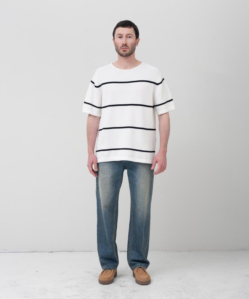 MANNERGRAM Striped Boat Neck 100% Cotton Short Sleeve Knit White