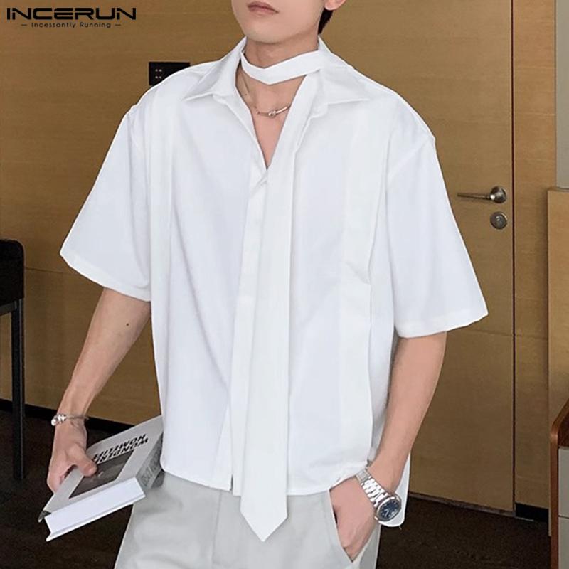 INCERUN Большие мужские рубашки с завязками на шее и коротким рукавом, однотонные, повседневные, с высоким и низким вырезом