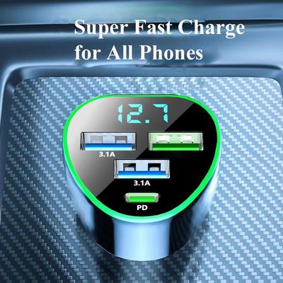 Автомобильное зарядное устройство для телефона USB Type C Сверхбыстрая зарядка в автомобиле со светодиодным монитором напряжения для iPhone Samsung Huawei Oneplus Vivo Oppo