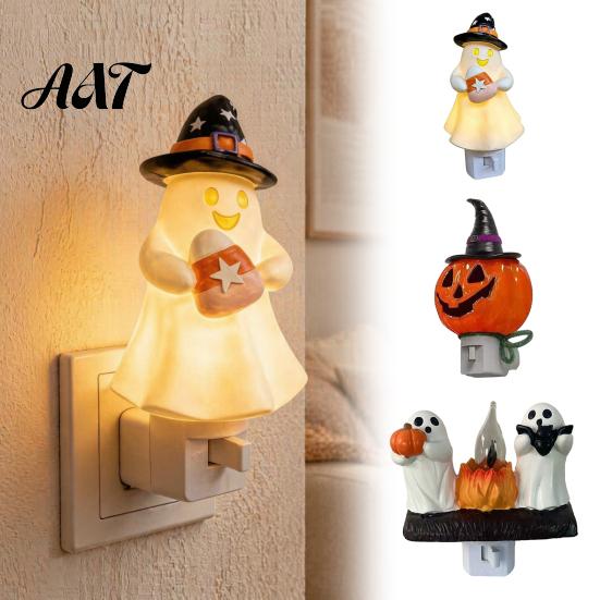 Halloween Home Decor Pumpkin Ghost Night Light with Witch Hat, Resin Soft Glow Corridor Lamp Plug-in LED Bedroom Light, Spooky Wall Sconce for Party