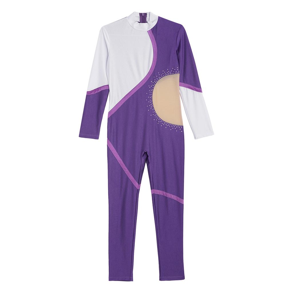 Детский комбинезон для фигурного катания для девочек, блестящий комбинезон со стразами, боди с длинными рукавами, гимнастический танцевальный костюм