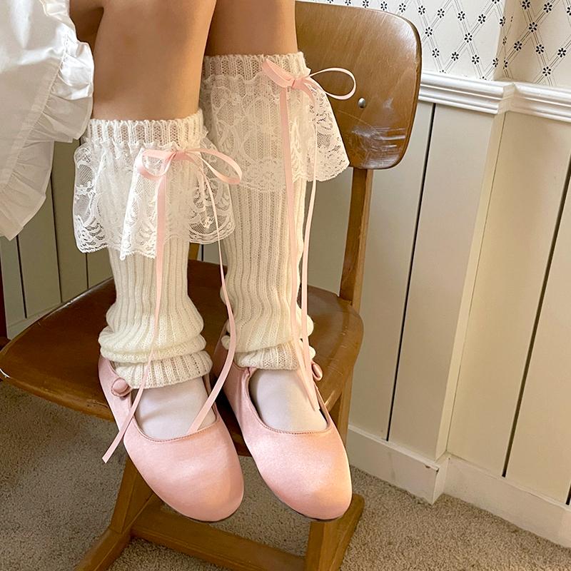 1 Pair Fashion Sweet Chic Comfortable Keep Warm Leg Cover Lace Splicing Bowknot Knitted Y2K