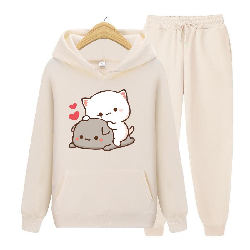 Женский комплект с капюшоном с длинными рукавами Kawaii Girl, комплект свитшотов в стиле аниме, негабаритный повседневный пуловер, милая пара, подарок на день Святого Валентина, комплект с капюшоном