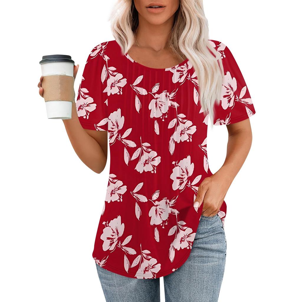 Женская летняя модная повседневная плиссированная футболка с коротким рукавом и круглым вырезом с принтом Топ