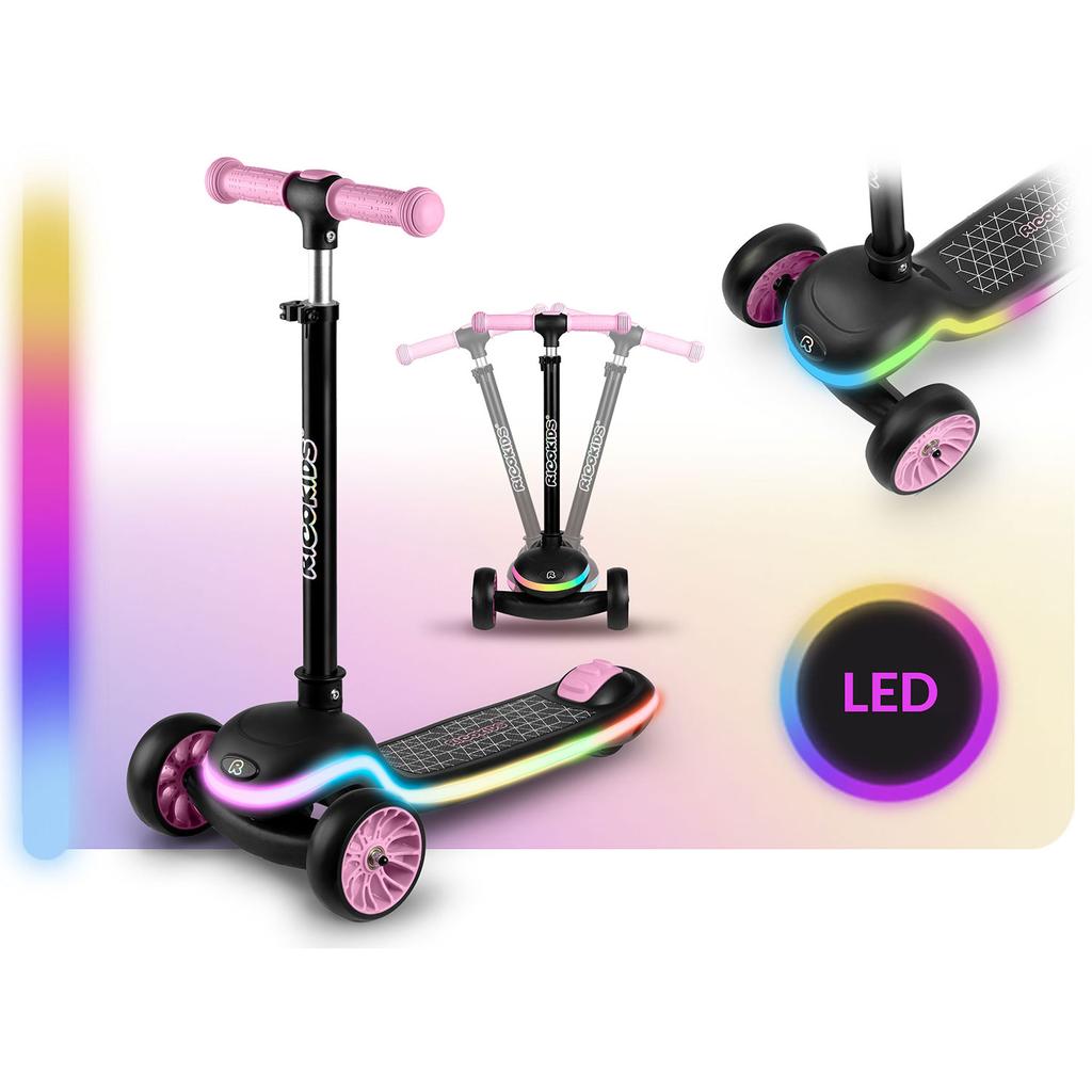 Hulajnoga Trójkołowa Dla Dzieci Balansowa Led Ricokids Leddi - Czarno-Różowa