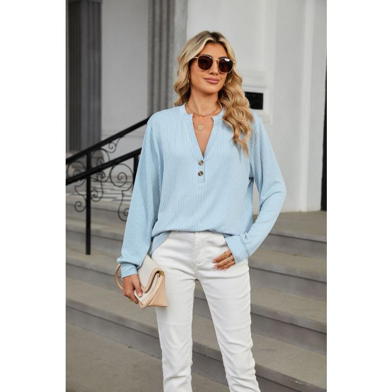Весенне-осенняя женская блузка на пуговицах с V-образным вырезом и длинными рукавами в полоску
