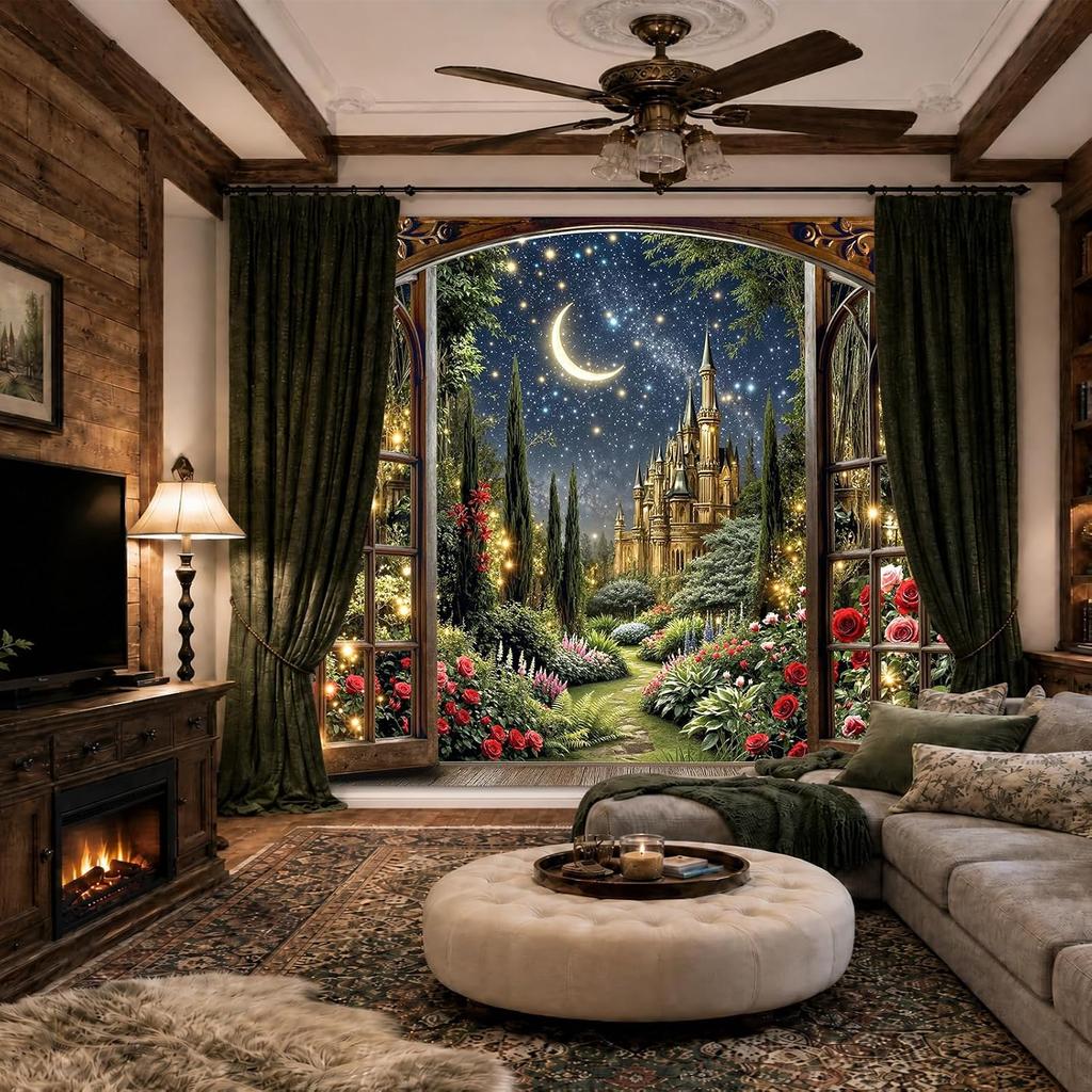 Gruaoihy Fantasy Castle Window Tapestry Fairytale Moon Rose Mural for Bedroom Dorm Living Room Decor Magic Woodland Scene Large Wall Backdrop 44x60 in