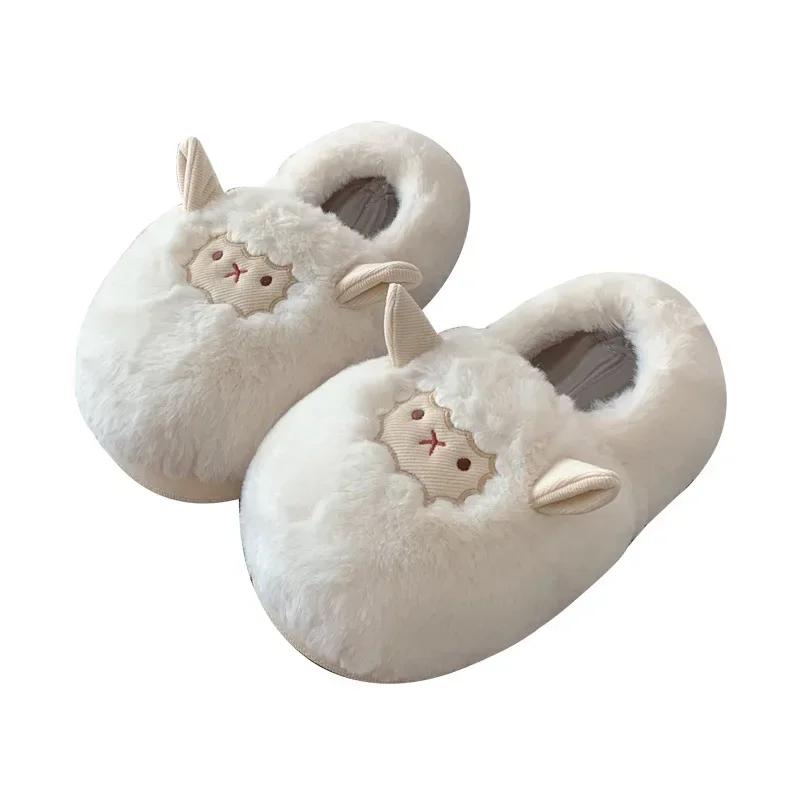 Fashion Cartoon Cute Fluffy Slippers for Women Winter Indoor House Animals Slippers Ladies Kawaii Faux Fur Slides Sheep Cotton Shoes2024
