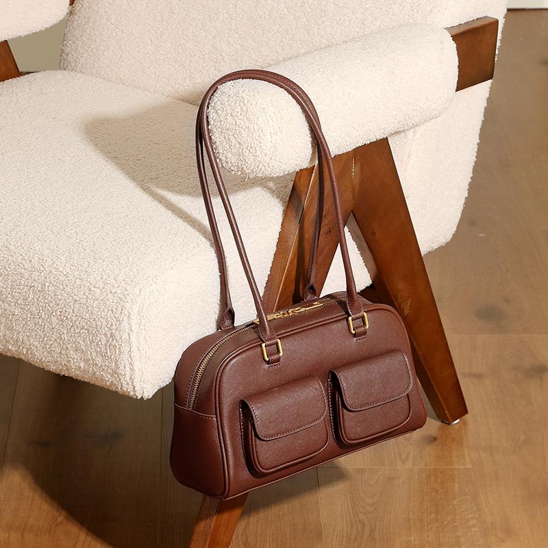 2025 New Genuine Leather Retro Boston Bag Women's Shoulder Handbag Crossbody Bag