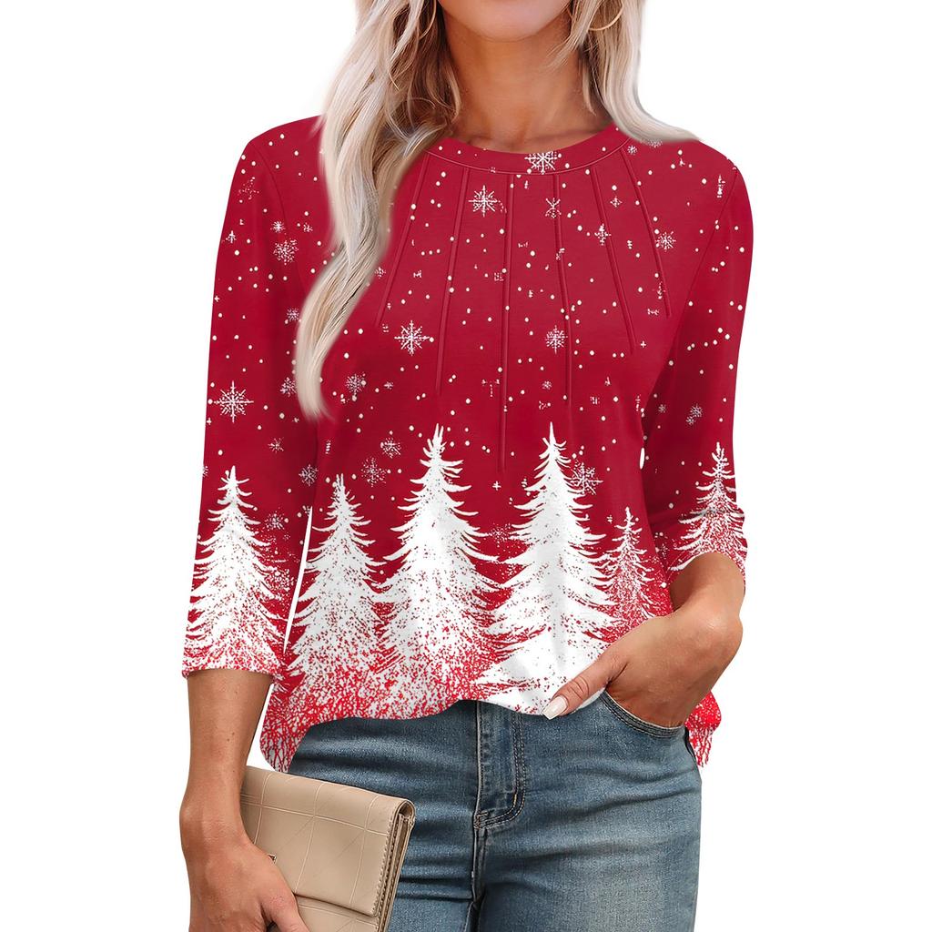 Женская модная футболка с круглым вырезом и рукавом 3/4 с рождественскими принтами, повседневная базовая плиссированная футболка-пуловер