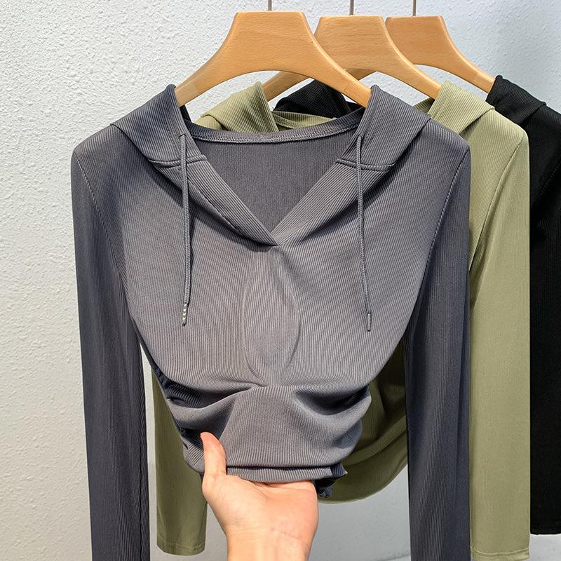 Женская осенне-зимняя толстовка с капюшоном, длинными рукавами, тонким дном и складками на талии