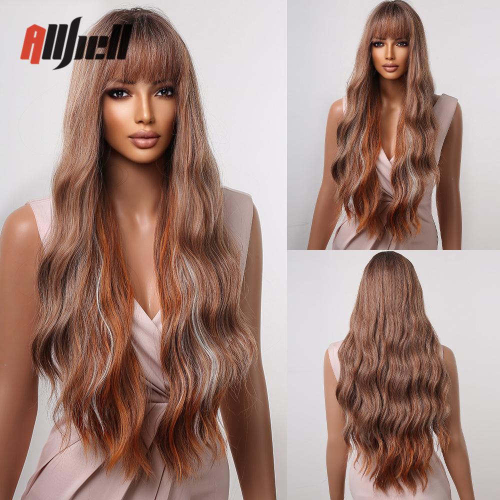 Ombre Темно-коричневые вьющиеся парики с челкой для чернокожих женщин Длинные волнистые синтетические волосы для косплея Парик Термостойкое волокно Афро-повседневный парик