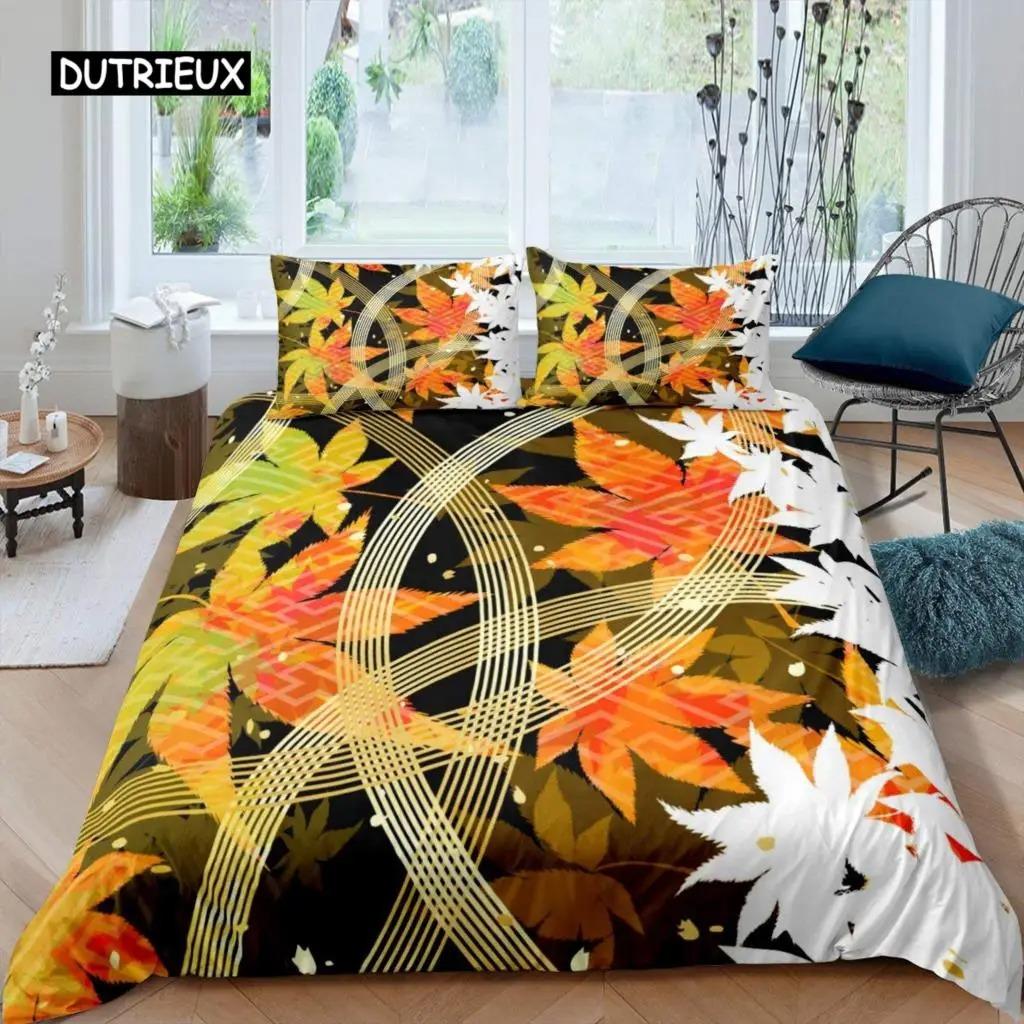 Maple Leaves Duvet Cover Set Colorful Autumn Season Maple Leaves In Unusual Designs Nature Print King Size 23pcs Bedding Set