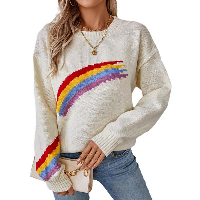 Новый осенне-зимний свитер для женщин в европейском и американском стиле, жаккардовый свитер с радужными полосками