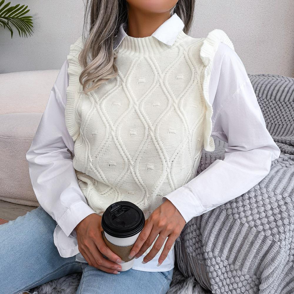 Женская осенне-зимняя отделка грибком, ромбовидная вязка, топ на бретелях, свитер с круглым вырезом, однотонные универсальные вязаные топы SL