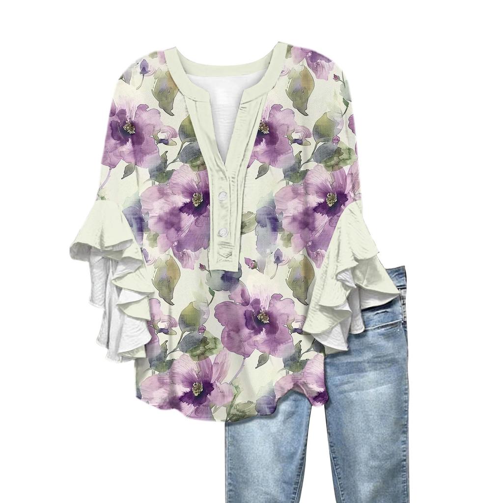 Summer Women's Tops V-Neck Seven Sleeve Shirt Spring Summer Floral Printed Tops Casual Shirt