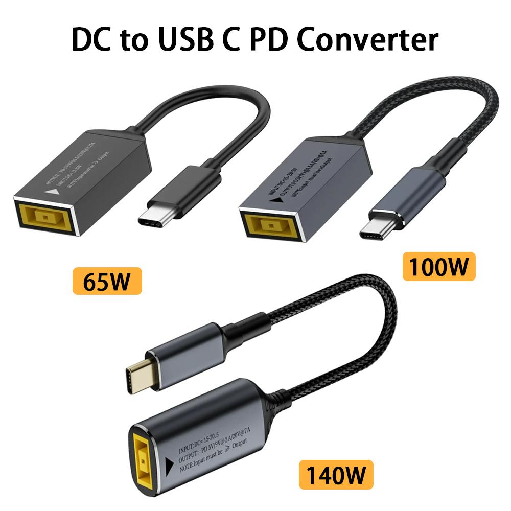 65W 100W 140W Square DC Plug to USB Type-C PD Converter Cable DC Input to USB-C PD Fast Charging Adapter For Lenovo Laptop Power Supply Cord