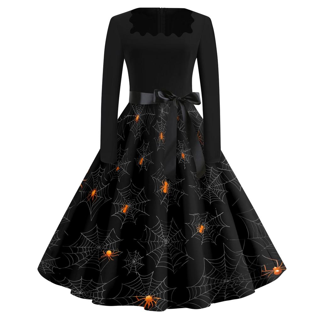 Women Casual Halloween Dress Long Sleeve Square Neck Vintage Style Fit Flare Dress with Spider Web Print and Waist Tie Belt