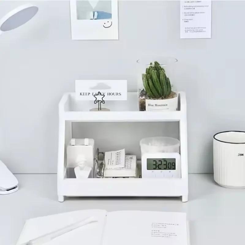 Белый двухъярусный настольный органайзер для хранения вещей, полка-витрина с вырезом в виде кошачьей лапки, для домашнего офиса и комнаты в общежитии, 2 уровня