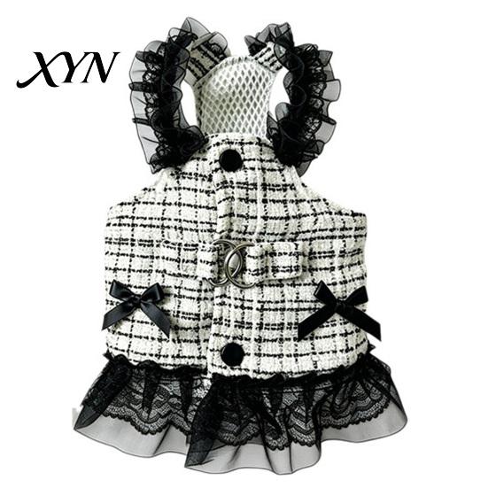 Spring Dog Clothing Sleeveless Tweed Dress, Ruffled Pet Dress with Lace Breathable Mesh Apparel Trim, Cute Summer Harness for Small Dogs Stylish