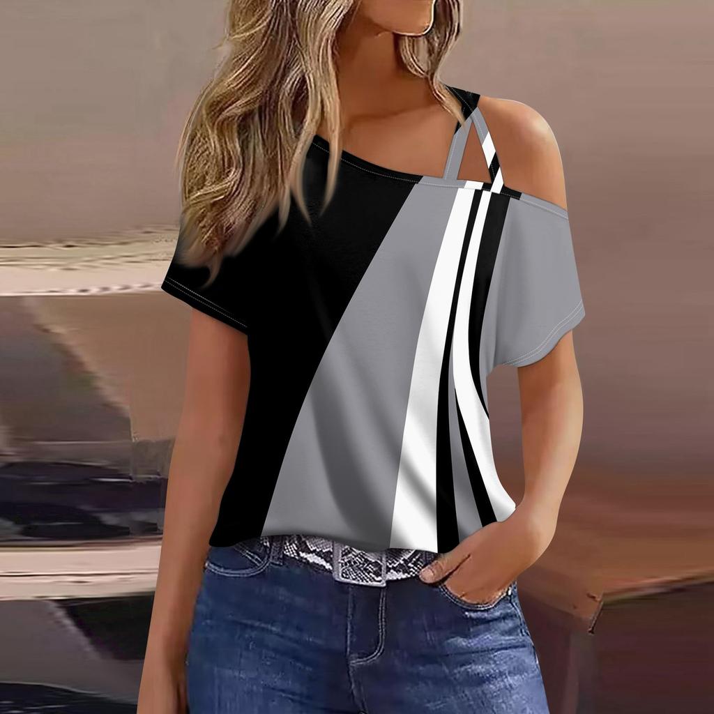 Women's Fashion Casual Print Sexy Cold Shoulder Short Sleeve T-shirt Top