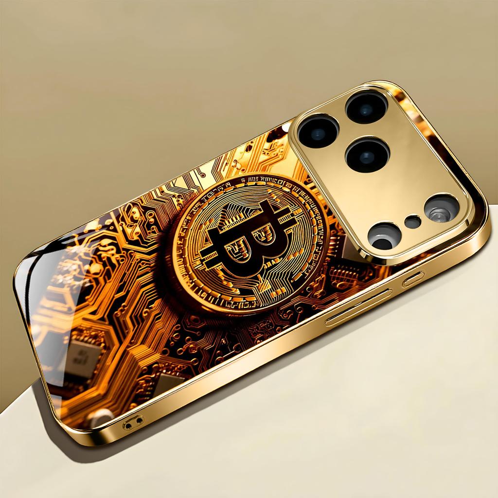 Премиальный золотой технический узор Биткоина Для чехла iphone 17 модные чехлы для телефона Стеклянный чехол для телефона для iPhone 17 16 15 14 13 pm Pro Plus