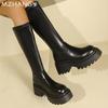 Женские кожаные сапоги на платформе, высокие сапоги на среднем каблуке, высокие сапоги до колена, женская мода 2025 года, зимние модные туфли-лодочки для мотоцикла, Mujer
