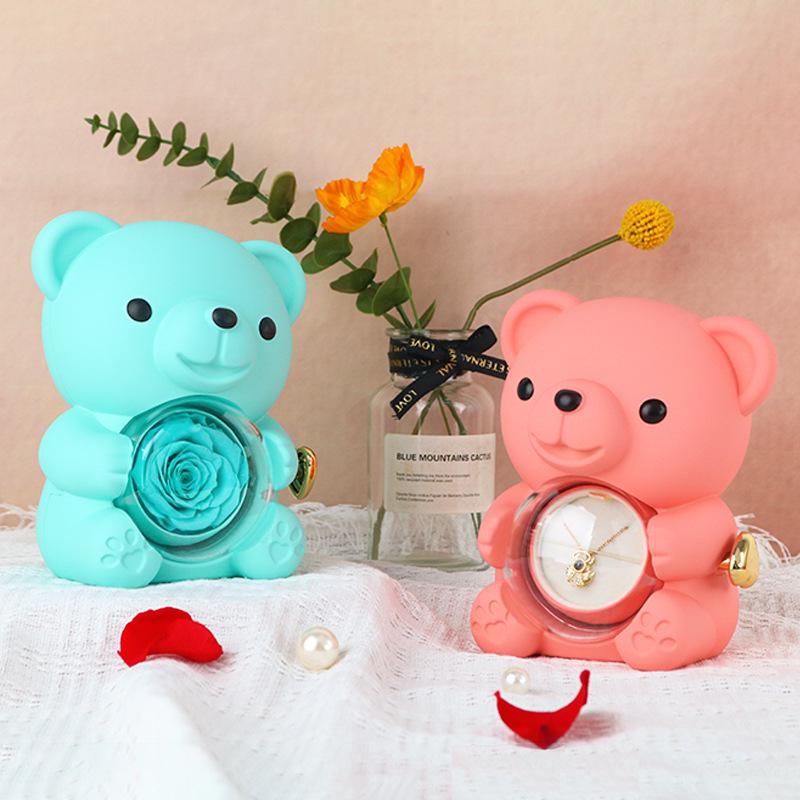 Высококачественная вращающаяся шкатулка для украшений в виде медведя с неувядающими цветами - Идеальный подарок на День святого Валентина