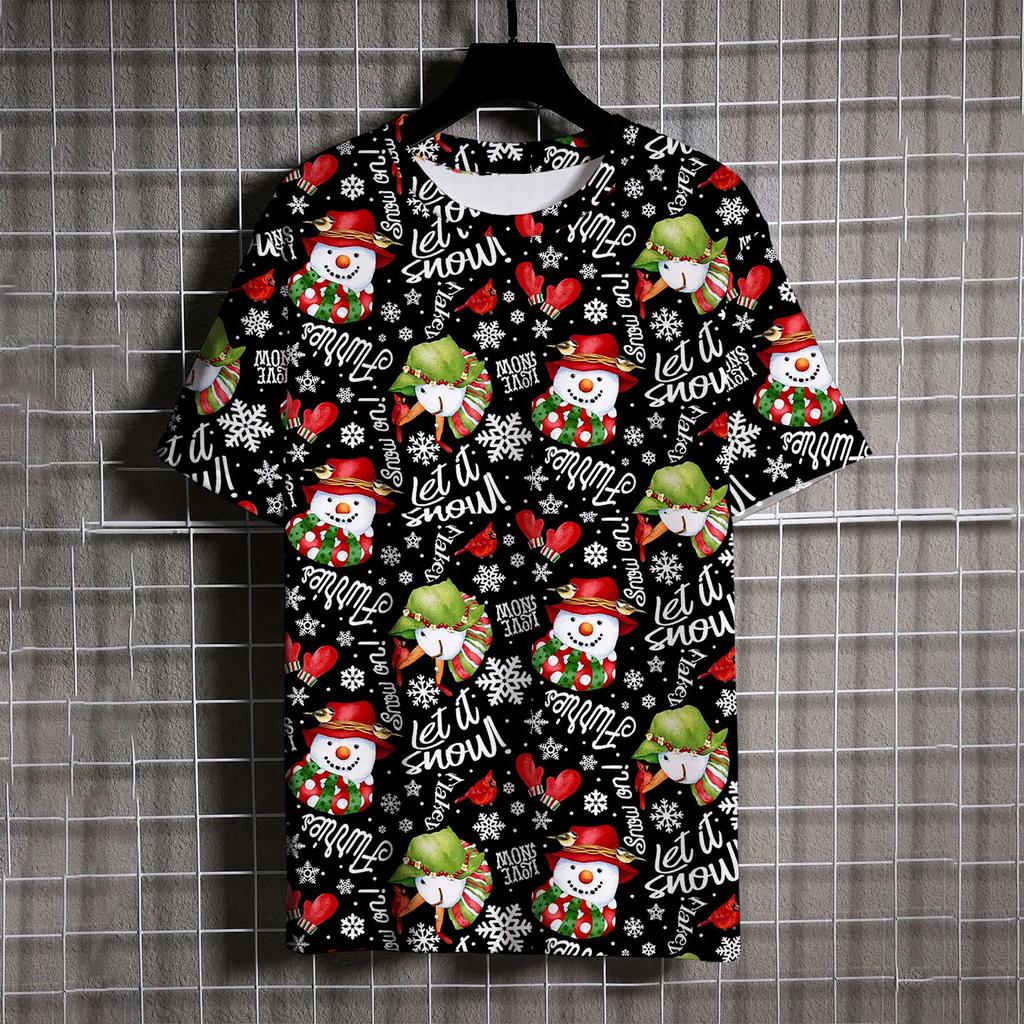 Santa Claus Print T Shirt For Men Cartoon Snowman Pattern Short Sleeve Loose Top Casual O-neck Boys and Girls Tee X'mas Clothing