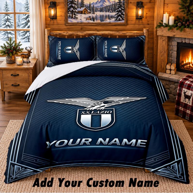 Lazio FC Pattern Bedding 3Pcs Set Custom Name, Bed Sheet And Pillowcases For Home Bedroom