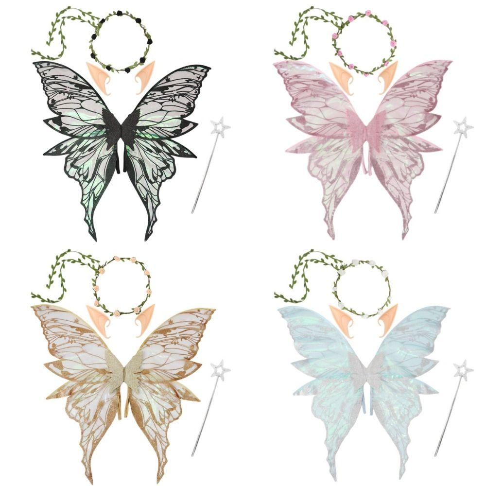 Star Wand Fairy Butterfly Wings Flower Crown Sparkling Angel Wings Fairy Costume Set  Halloween