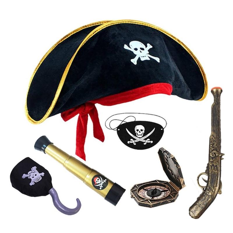 Пиратский набор с аксессуарами для костюма Шляпа с принтом черепа Тематическая вечеринка на Хэллоуин Аксессуары для ролевых игр Декорация для детей