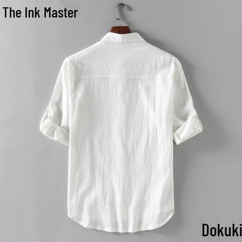 Летняя мужская рубашка из льна и хлопка со стойкой – Свободный крой, рукава пять четвертей, повседневный стиль