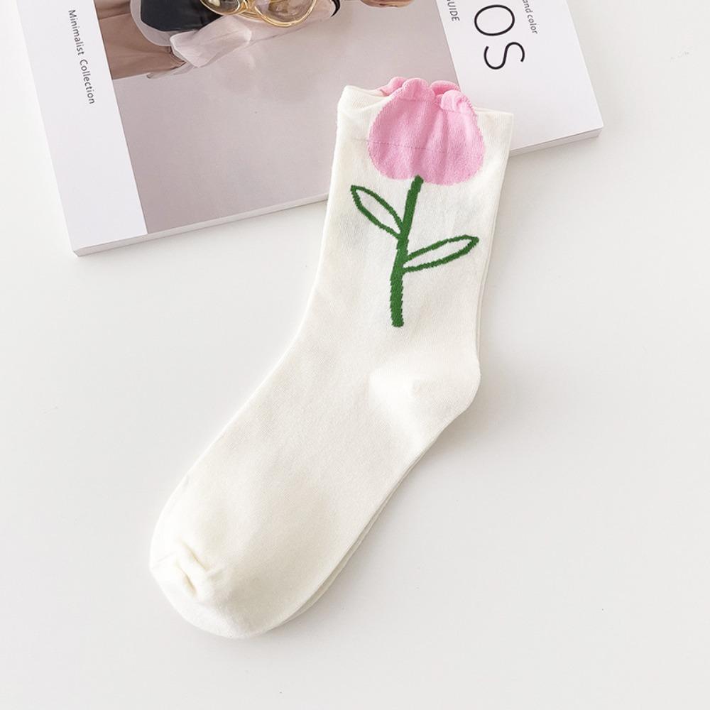 Женские носки конфетного цвета с рисунком тюльпана, носки средней длины для женщин