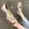 Fashion Ladies Summer Footwear Pearl White Low Heel Elegant Cute Kawaii Shoes For Women 2024 Square Heels E With Stylish Spring 39