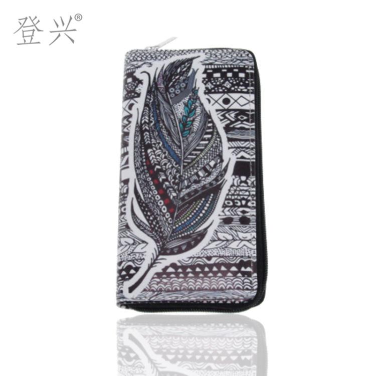 Новый этнический стиль перо длинный ПУ кошелек, кошелек-клатч с подвеской-колокольчиком