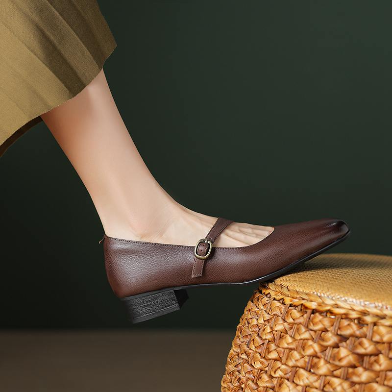 Осенние туфли из коровьей кожи с круглым носком на толстом среднем каблуке, однотонные женские туфли Мэри Джейн