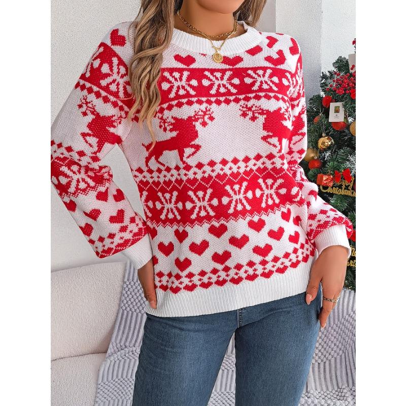 Autumn and Winter Christmas Fawn Pattern Women's Long-sleeved Pullover Sweater, Warm and Comfortable Women's Tops In a Festive Atmosphere