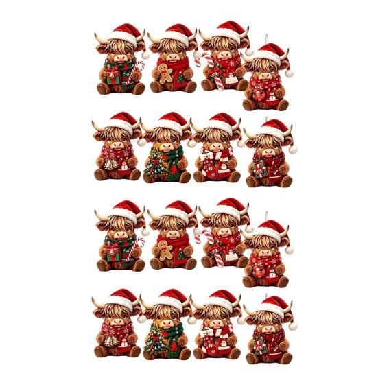 Animal Theme Holiday Gifts Highland Cow Christmas Ornament Set, 2D Flat Wooden Cute Gift Items Hanging Decor with String, Tree Party Decoration Rustic