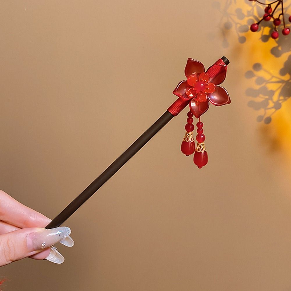 Flower Wooden Hair Stick Tassel Hanfu Hairpin Classical Cheongsam Accessories