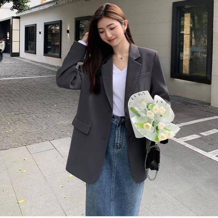 Серый блейзер для женщин весна-осень новый стиль свободный повседневный костюм с разрезами
