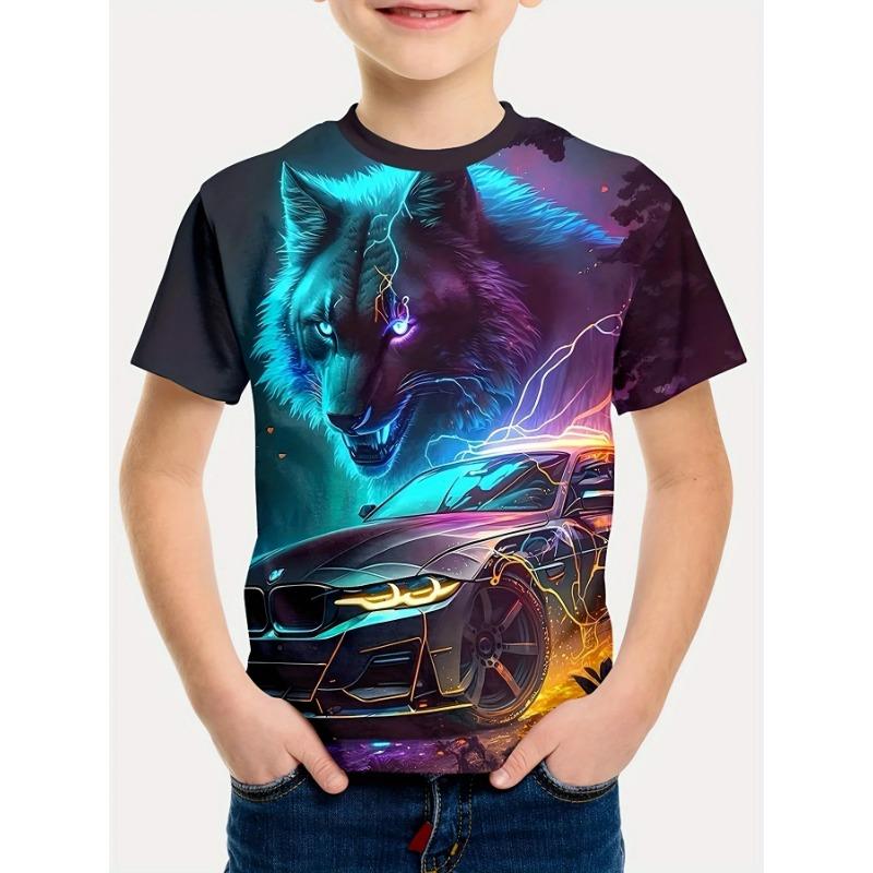 Летняя футболка с круглым вырезом и 3D-принтом с волком, модная, повседневная, крутая, с коротким рукавом, детская, для мальчика