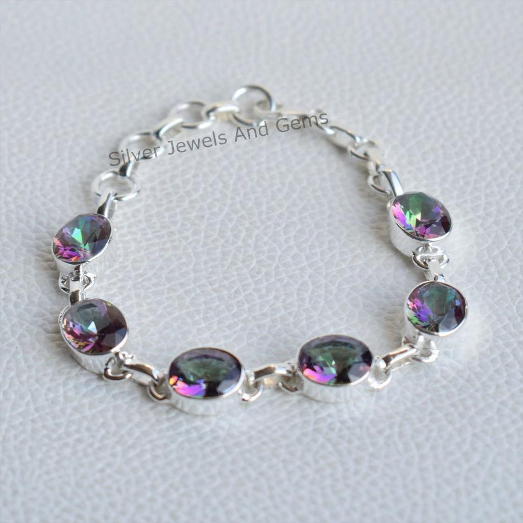 Mystic Topaz Bracelet, Handmade Bracelet, Women Bracelet, 925 Sterling Silver Bracelet, Oval Topaz Bracelet, Wedding Gift