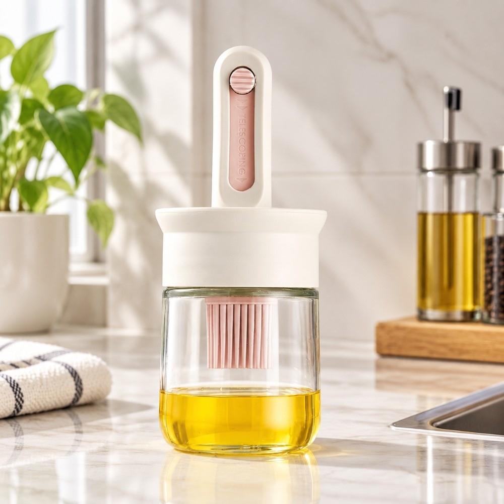 Leakproof Oil Dispenser Retractable Oil Container Oil Jar with Built-in Oil Brush cooking