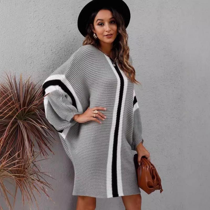 Womens Knit Sweater Dress Loose Batwing Sleeve Colorblock Midi DP049